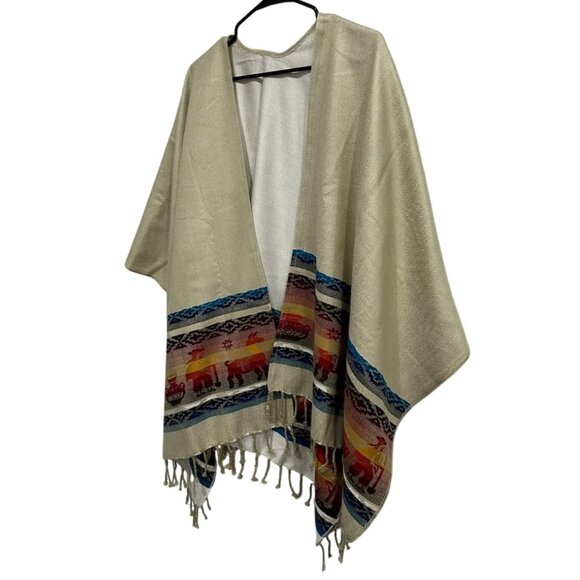 Southwestern Style Beige Poncho With Multicolor Pattern & Fringe Details - Picture 3 of 6
